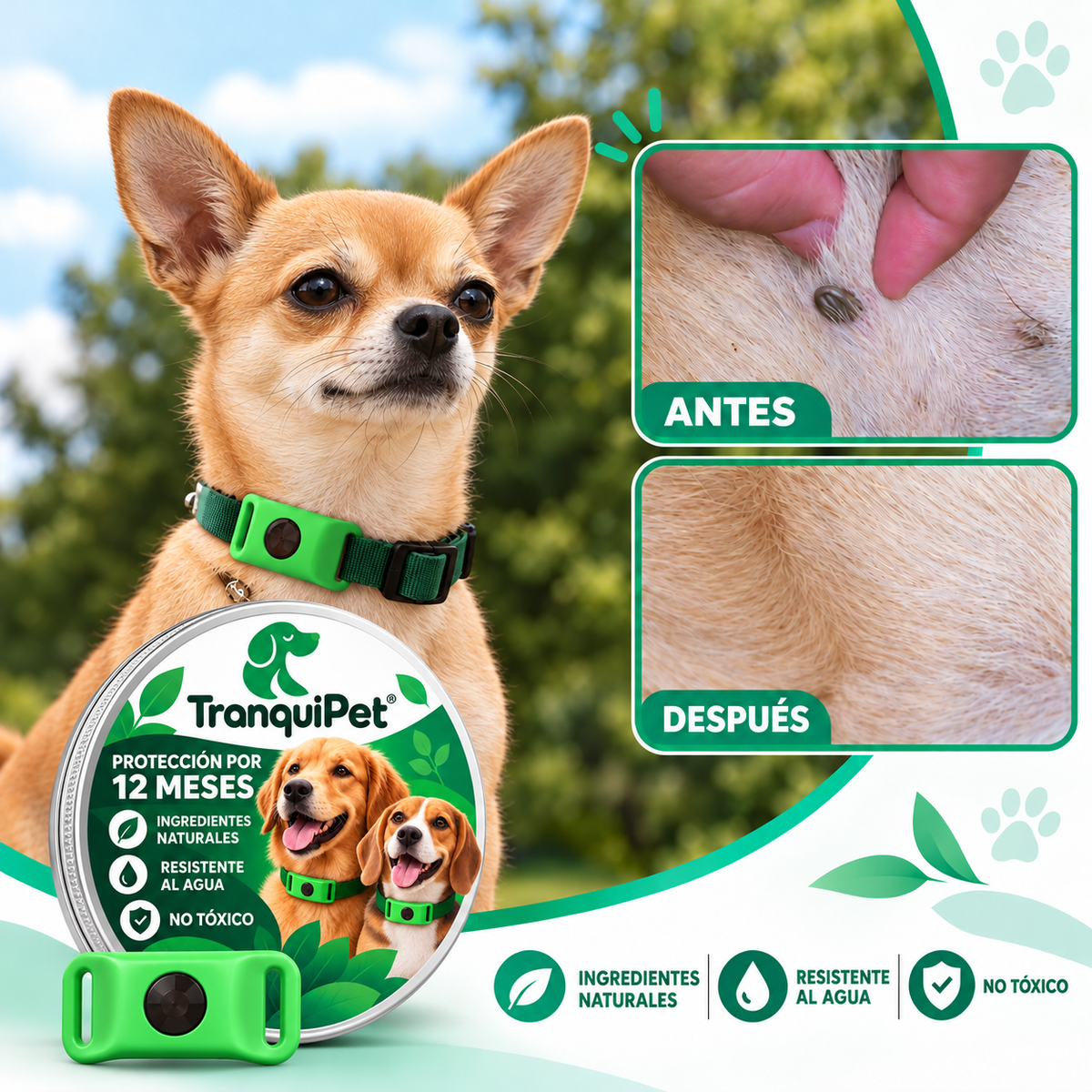 12 Meses de Protección Antipulgas y Garrapatas 100% Natural para Perros